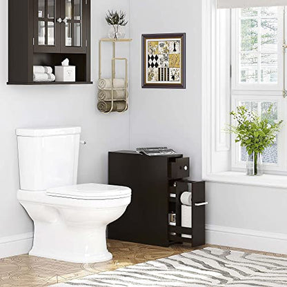 Spirich Slim Bathroom Storage Cabinet, Free Standing Toilet Paper Holder, Bathroom Cabinet Slide Out Drawer, Espresso - color: Espresso
