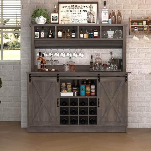 4ever2buy Farmhouse Coffee Bar Cabinet with 4 Storage Hutch, 55”Coffee Bar with Sliding Barn Doors, Hutch Cabinet with 12 Wine Racks & 8 Hooks for Dining Room, Kitchen, Wash Grey - color: Grey, size: 55.1Inch