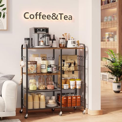 HapiRm Rolling Kitchen Microwave Cart - 4 Tier Microwave Table Stand with Pull-Out Baskets, Coffee Bar Baker's Rack with Wheels Rolling Storage Cart Organizer Shelf for Living Room Office, Balcony - color: Brown