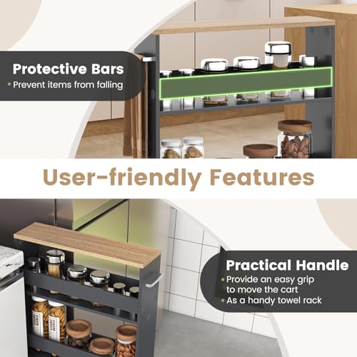 4-Tier Slim Rolling Storage Cart, Wooden Kitchen Utility Cart with Wheels & Handle, Space Saving Trolley, Slide Out Shelving Unit for Narrow Spaces, Laundry, Bathroom (Grey + Natural) - color: Grey + Natural