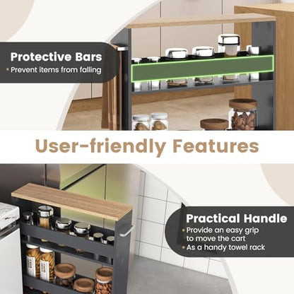 4-Tier Slim Rolling Storage Cart, Wooden Kitchen Utility Cart with Wheels & Handle, Space Saving Trolley, Slide Out Shelving Unit for Narrow Spaces, Laundry, Bathroom (Grey + Natural) - color: Grey + Natural