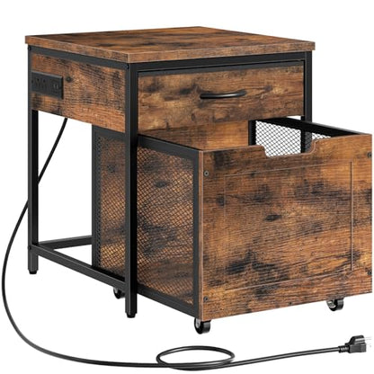CHOEZON Mini Fridge Stand with Power Outlet, Large Side Table with 2AC and 2 USB Ports, Mobile Beverage Cart with Fabric Drawer for Dorm, Kitchen, Living Room, Rustic Brown and Black TBZ56UBF