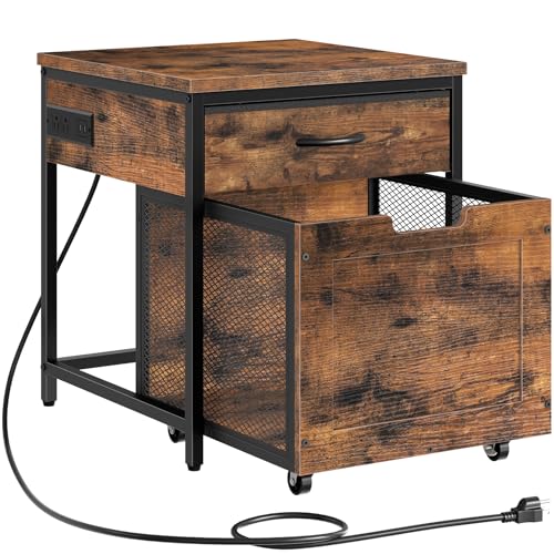 CHOEZON Mini Fridge Stand with Power Outlet, Large Side Table with 2AC and 2 USB Ports, Mobile Beverage Cart with Fabric Drawer for Dorm, Kitchen, Living Room, Rustic Brown and Black TBZ56UBF