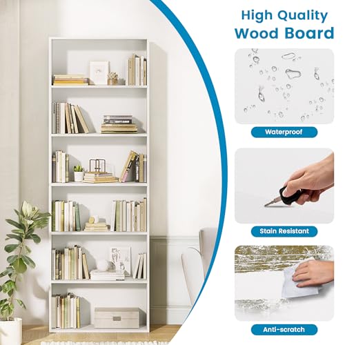 GRUSIGN 71" Tall 6-Tier Bookshelf, Large Open Display Bookcase with Ample Storage, Floor Standing Book Shelf for Living Room, Home Office, Bed Room, White - color: White