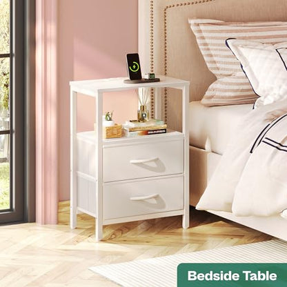 Huuger Nightstands Set of 2, End Tables with Charging Station, Side Tables with Fabric Drawers, Bedside Tables with USB Ports and Outlets, Night Stands, PU Leather, White - color: White, size: 11.8"d X 15.7"w X 23.6"h (2 Drawers)