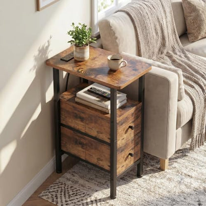 LOAKEKEL Narrow End Table with Charging Station, Side Tables Living Room | End Tables Living Room Set of 2, Skinny Nightstand with Fabric Drawers for Bedroom, Small Spaces, Rustic Brown - color: Rustic Brown, style: Power