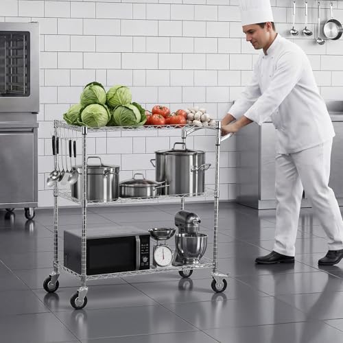 VEVOR Kitchen Utility Cart, 3 Tier Heavy Duty Adjustable Wire Storage Rack, Commercial Steel Rolling Service Trolley on Wheels, Work Table with Handle Bar, for Garage and Laundry Room, 35x17.8x40.9 in - size: 18"D x 35"W x 40.9"H Upgraded