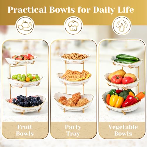 DUJUST 3 Tier Fruit Bowl, Elegant Ceramic Fruit Stand with Gold Scrollwork, Stackable & Easy to Store, Multifunctional Serving Tray for Fruit/Vegetables/Snacks - White Gold - color: 3-Tier White Gold