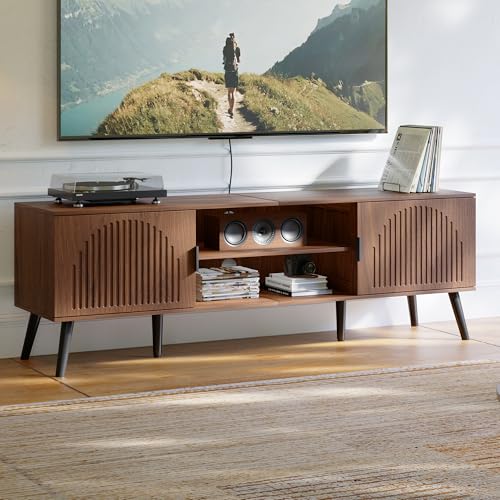 ChooChoo TV Stand for Living Room, Mid Century Modern TV Stand for 65 Inch TVs, Entertainment Center with Storage Cabinet and Open Shelves, TV Console Table Media Cabinet for Bedroom, Walnut - color: Walnut, size: 15.7"D x 59.1"W x 19.4"H
