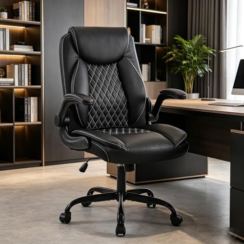 YFO Leather Office Ergonomic Home Office Desk Chair, Back Support Swivel Executive Office Chair with Wheels and Flip-Up Armrests, Small Gaming Chair with Adjustable Rocking Function, Black - color: Black