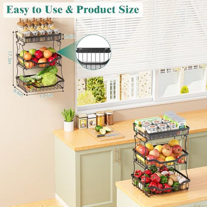 Giwil 3 Tier Countertop Fruit Mesh Basket for Kitchen, Vegetable Storage Bread Fruit Bowl Stand with 2 Banana Hooks, Wall Mounted Metal Wire Basket Organizer for Potato Onion, Black - size: 3 Tier Mesh Basket Top