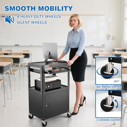 POCHAR Steel Large AV Cart with Locking Cabinet - Adjustable Height Media Carts with Wheels, Pullout Tray, Power Strip for Mobile Work Station - Rolling Computer Cart for Office Classroom Presentation - style: Locking Cabinet with Keyboard Tray (AV-G)