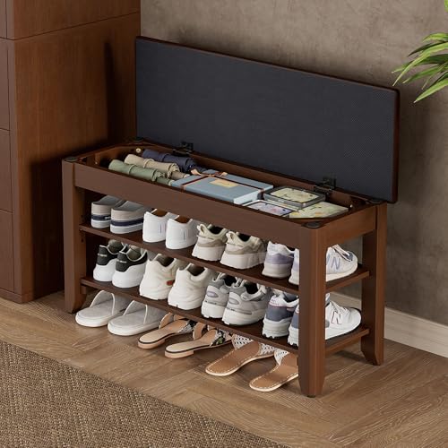 Homleke 31.5" Wide Solid Wood Shoe Rack Bench with Flip-Top Storage | 2-Tier Entryway Bench with Cushion, Adjustable Shelf, Holds Up to 8 Pairs, for Hallway, Bedroom and Closet, Walnut - color: Walnut, size: 2-Tier 31.5 Inch