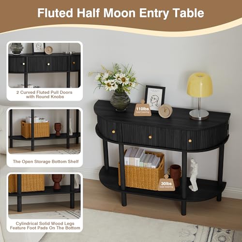 XUZENEST 43.3“ Fluted Half Moon Console Table, Modern Entryway Console Sofa Table with Storage, Narrow Wood Accent Tables Behind Couch Tables for Living Room, Hallway, Foyer(Black) - color: 43.3 Haflf Moon Black
