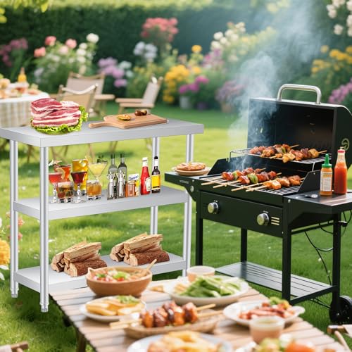 Stainless Steel Table, 14 x 36 x 34 in, 3-Tier Metal Prep Table with 2 Undershelf & Gloves, Commercial Kitchen Utility Workstation for Restaurant, Hotel, Laundry, Garage, Indoor, Outdoor, BBQ