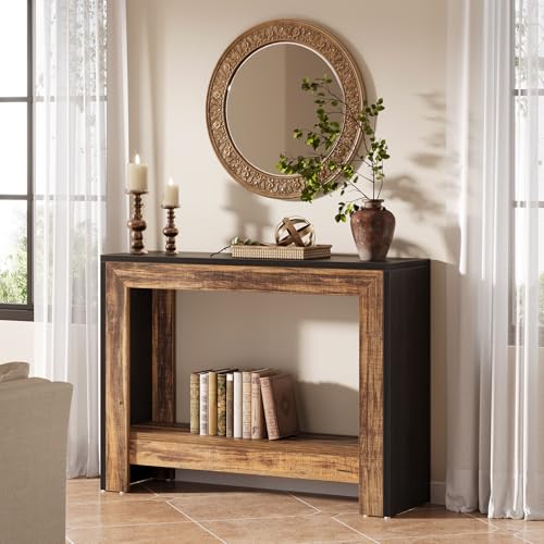 Tribesigns 41.3" Farmhouse Console Table, Behind Couch Sofa Table with Open Storage Shelves for Living Room, Hallway, Foyer, Easy Assembly, Black + Brown