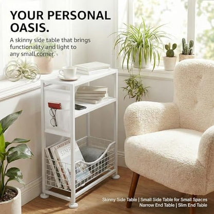 Skinny Side Table with Storage, 3 Tier Slim Side Tables for Small Spaces, Skinny End Table Narrow Bedside Table Narrow Side Table for Living Room, Bedroom - color: White