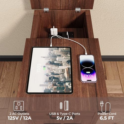 Farmhouse End Table with Charging Station, Narrow Side Table for Living Room, Sofa Side Table with Drawer and Storage Cabinet, Small Nightstand for Bedroom, Home Office - color: Cherry