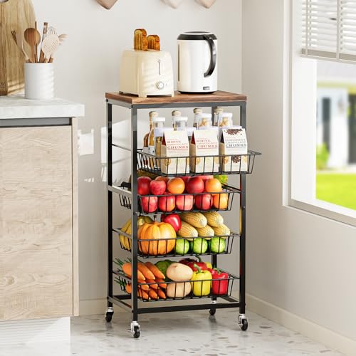Fruit Vegetable Cart, 4-Tier Snack & Kitchen Cart on Wheels with Storage, Pull-Out Baskets & Wood Top, Rolling Organizer for Pantry, Living Room (Brown) - color: Brown