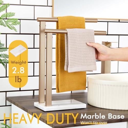 KOKOSIRI Hand Towel Racks Stand Towel Holder 2-Tier with Marble Base for Bathroom Vanity Countertop, Champagne Bronze Stainless Steel 15.7'' Height THS0007-CPG - color: Champagne Bronze, size: 2-Bar
