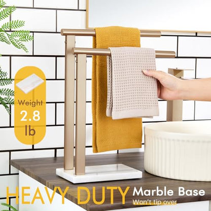 KOKOSIRI Hand Towel Racks Stand Towel Holder 2-Tier with Marble Base for Bathroom Vanity Countertop, Champagne Bronze Stainless Steel 15.7'' Height THS0007-CPG - color: Champagne Bronze, size: 2-Bar