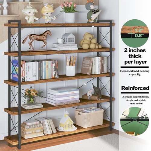 HCHQHS Large Bookshelf, 5-Tier Long Industrial Bookcase, Rustic Brown Book Shelf, Freestanding Horizontal Bookshelves with Metal Frame - color: Rustic Brown, size: 5-Tier (56.7"W x 65.7"H)