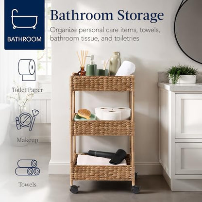 Best Choice Products 3-Tier Water Hyacinth Rolling Nursery Caddy w/Wheels, Utility Cart, Storage Organization for Bathroom, Craft Room, Laundry Room - Chestnut - color: Chestnut