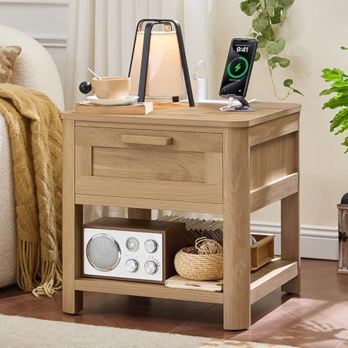 Joaxswe Farmhouse Side Table Set of 2 Living Room, Small Night Stand with 1 Drawers & Open Shelving & 4 Thickened Table Legs, Natural Wood - color: Natural, size: Set of 2