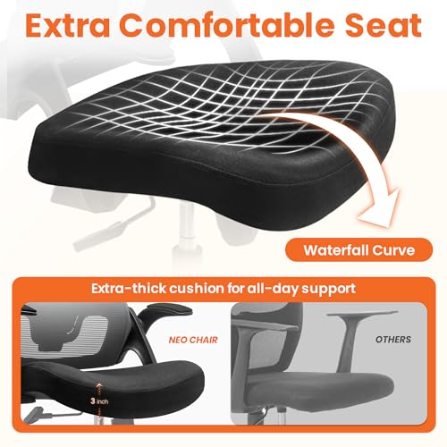NEO CHAIR Office Desk Chair Gaming Computer High Back Support Mesh Comfy Seat with Adjustable Ergonomic Headrest Lumbar Rolling Flip-up Armrests and Wheels (Black) - color: Black