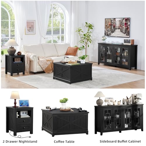Joaxswe Night Stands with Charging Station Set of 2, Farmhouse Nightstand, Wooden Bedside End Tables with 2 Drawers and Open Shelf, Bed Side Table for Bedroom, Living Room, Closet, Office (Black) - color: Black, size: 2 pack