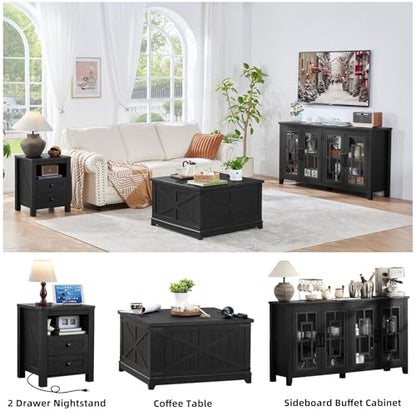 Joaxswe Night Stands with Charging Station Set of 2, Farmhouse Nightstand, Wooden Bedside End Tables with 2 Drawers and Open Shelf, Bed Side Table for Bedroom, Living Room, Closet, Office (Black) - color: Black, size: 2 pack