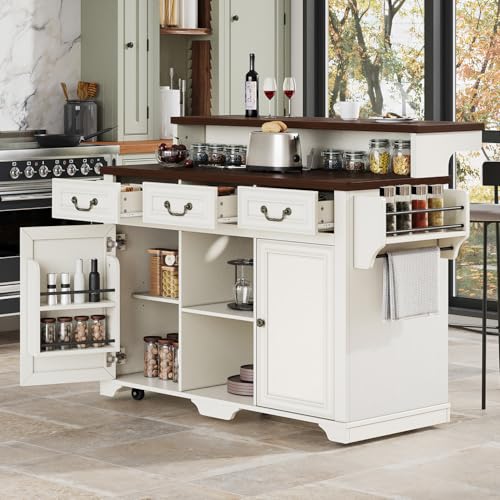 Merax 53.2" Two-Tier Kitchen Island with Storage, Farmhouse Kitchen Island with Power Outlet, 4 Door Shelves, Adjustable Shelves, 3 Drawers, Rolling Island Table, Bar Cabinet for Kitchen, Rustic White - color: Rustic White