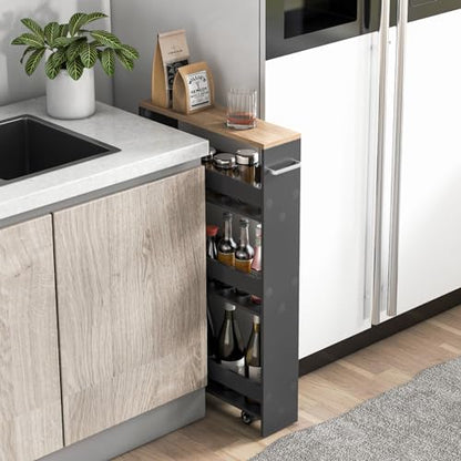 LOKO Slim Storage Cart, 4-Tier Rolling Cart with Handle & Wooden Top for Kitchen Bathroom Laundry Living Room Narrow Small Spaces, 5 Inches Width (Grey & Natural) - color: Grey & Natural