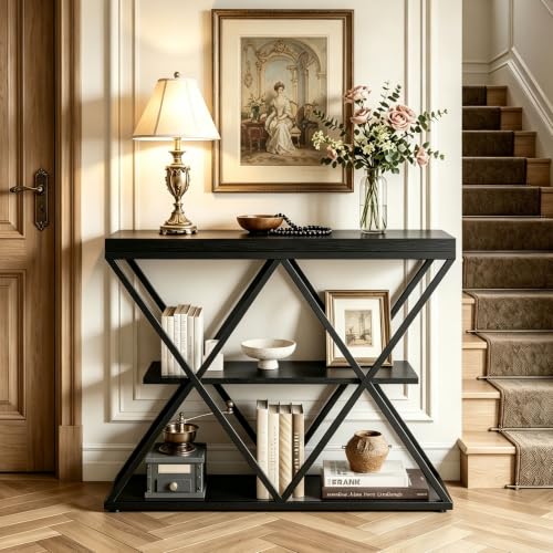 Garvee 3 Tier Console Table,39" Industrial Entryway Table,Open Wood Shelves | Sofa Table,Narrow Wood Accent Tables with Metal Frame for Hallway,Living Room,Behind Couch,Foyer,Entrance,Black - color: Black + X-shaped