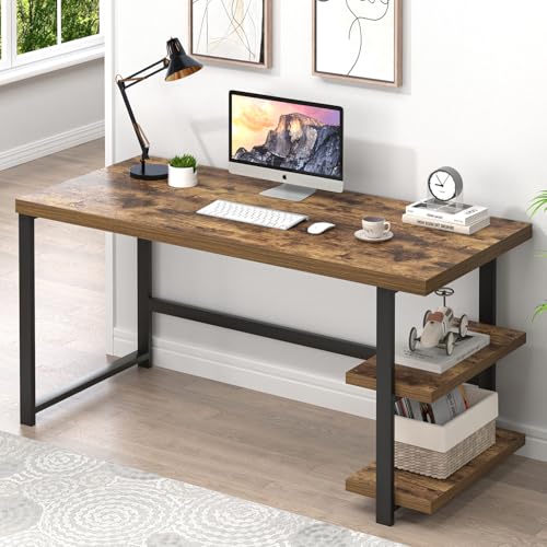 EXCEFUR Modern Computer Desk, Home Office Desk with Storage Shelf, Wood Study Writing Table Workstation for Bedroom Living Room, Rustic Brown, 53 Inch - color: Brown