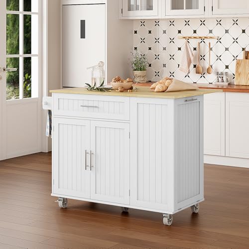 Kitchen Island with Storage, 43.3" Rolling Kitchen Island Cart on Wheels with Wide Drop Leaf Rubberwood Top, Large Mobile Island Table with Trash Can Storage and Towel Bar, White - size: Large Kitchen Island, style: Modern White