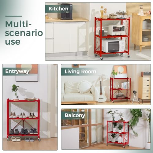 DEANIC 3 Tier Foldable Storage Shelves with Wheels, Kitchen Appliance Stand, Freestanding Metal Wire Shelf Rack, No Assembly Organizer Rolling Cart for Garage, Basement, Pantry(Red Pack of 2) - color: Red
