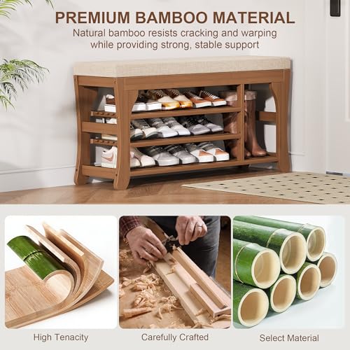 PETKABOO 39.4" Shoe Storage Bench with Cushion, 3-Tier Shoe Rack Bench with Adjustable Shelf, 400 LB Capacity, Boot Storage Compartment, Shoe Organizer for Entryway, Hallway, Bedroom, Closet - size: 39.4" with Boot Slot