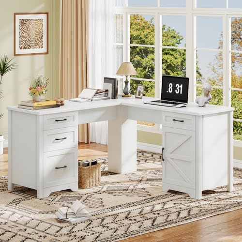 Halitaa 59” Farmhouse L Shaped Executive Desk with File Drawer, Cream White | Home Office Desk with Storage Cabinet, Wood Corner Sturdy Writing Workstation