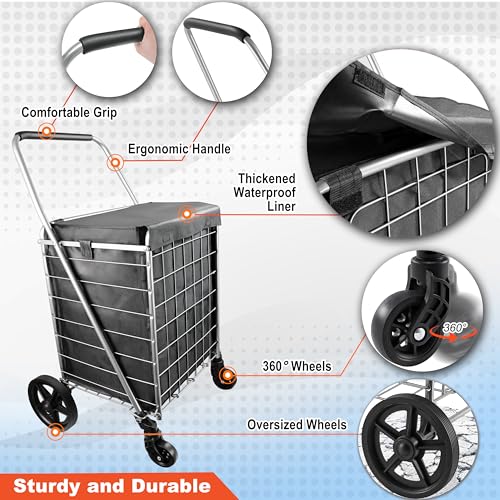 Wellmax WM99024S Grocery Utility Shopping Cart, Easily Collapsible and Portable to Save Space and Heavy Duty, Light Weight Trolley with Rolling Swivel Wheels - size: Medium