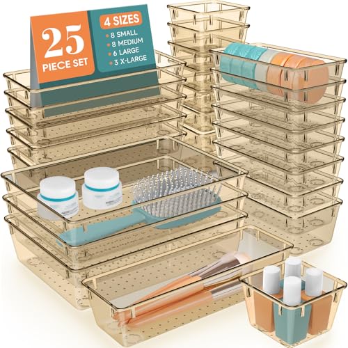 WOWBOX 25 PCS Plastic Drawer Organizer Set, 4 Sizes Desk Drawer Divider Organizers and Storage Bins for Makeup, Jewelry, Gadgets for Kitchen, Bedroom, Bathroom, Office, Clear Champagne - color: Clear Champagne