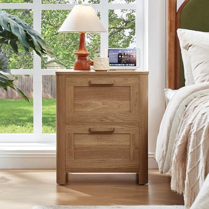 Joaxswe Farmhouse Nightstand with Charging Station, End Tables Bedroom with 2 Large Drawers & 4 Thickened Table Legs, Brown - color: Brown, size: 16"D x 19.7"W x 23.6"H (2 Drawers)