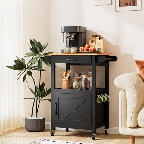 VINGLI Rolling Kitchen Cart with Microwave Stand, Storage Cabinet & Drawer, Small Coffee Cart with Side Hooks & Towel Rods, Compact Kitchen Island on Swivel Wheels, Black - color: Black, size: 33"