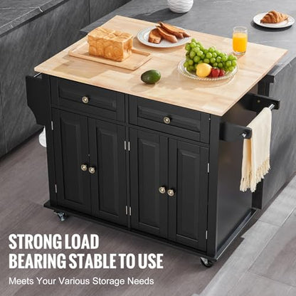 VEVOR Kitchen Island Cart, 35" Wood Top Mobile Carts with Storage Cabinet, Rolling Table with Drop Leaf, Spice Rack, Towel Bar, Adjustable Shelf, Drawer, and Hooks, Portable Islands on Wheels, Black - size: 35.4" W Drop Leaf, style: 2 Drawers & 4 Doors