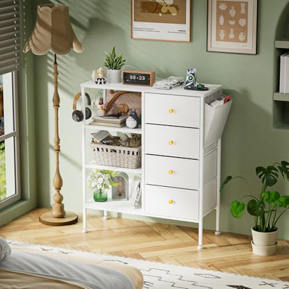Nightstand with Charging Station, Bedside Table with 4 Drawers and 3-Tier Shelf, White Dresser, LED End Table with Wooden Top for Bedroom, Office, Living Room, Hallway-White