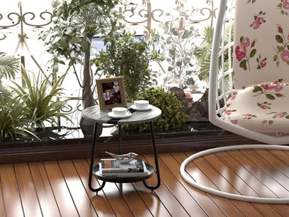 2 Tier Coffee Table in Living Room, Industrial Style Round Coffee Table with Metal Tray, Wood Small Outdoor Coffee Table for Bedroom Balcony Patio, Gray - color: Grey