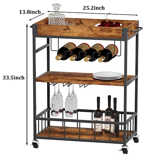 Bar Cart Serving Wine 3 Tier Home Rolling Rack with Wheels Mobile Kitchen Industrial Vintage Style Wood Metal Serving Trolley Serving Cart,Glass Holder Bar Cabinet - size: Rustic Brown, style: Standard