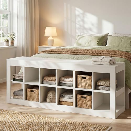 Tribesigns White Storge Cubes, Wood Storage Organizer, Modern 52" Shoe Entryway Bench