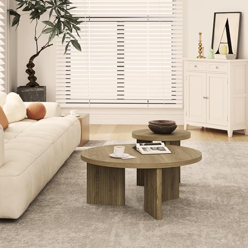 Nesting Coffee Table Set of 2, Walnut | Modern Wooden Coffee Table, Circle Tea Table and End Table Set, Accent Center Tables for Living Room, Office - color: Walnut, style: Coffee Table Set of 2