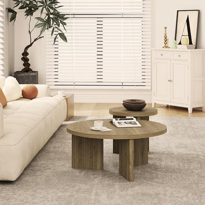 Nesting Coffee Table Set of 2, Walnut | Modern Wooden Coffee Table, Circle Tea Table and End Table Set, Accent Center Tables for Living Room, Office - color: Walnut, style: Coffee Table Set of 2